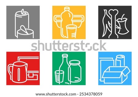 Waste sorting, separation colorful square icons set in bold line - dumpster marking stickers with different garbage types - glass, plastic, metal, paper, organic and electronic waste