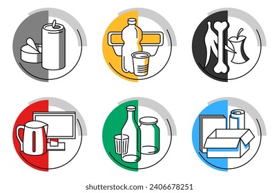 Waste sorting, separation creative icons set - dumpster marking stickers with different garbage types - glass, plastic, metal, paper, organic and electronic waste - vector collection