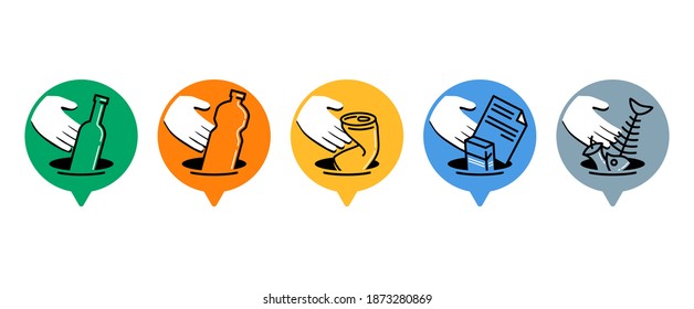 Waste sorting and separation icons set - dumpster marking stickers with hand and garbadge - glass, plastic, metal, paper, organic waste - vector collection - Shutterstock ID 1873280869