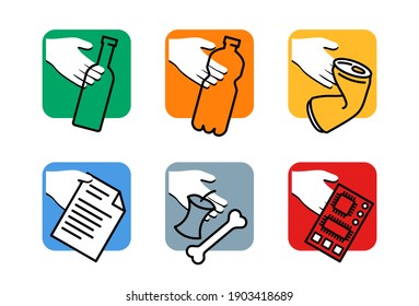 Waste sorting, separation icons set - dumpster marking stickers with hand and garbage - glass, plastic, metal, paper, organic waste - vector collection