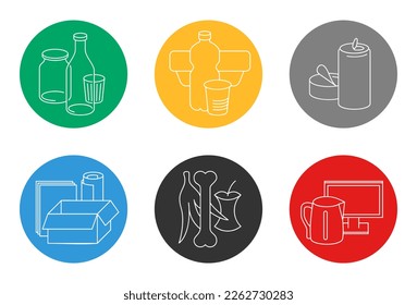 Waste sorting, separation icons set - dumpster marking stickers with different garbage types - glass, plastic, metal, paper, organic and electronic waste - vector collection