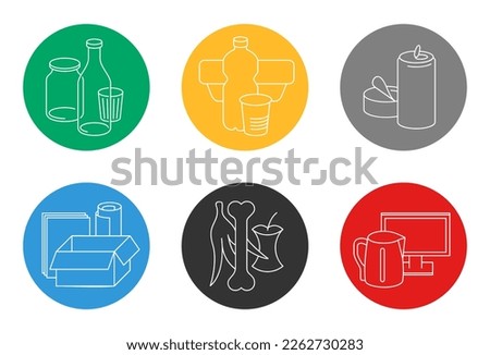 Waste sorting, separation icons set - dumpster marking stickers with different garbage types - glass, plastic, metal, paper, organic and electronic waste - vector collection