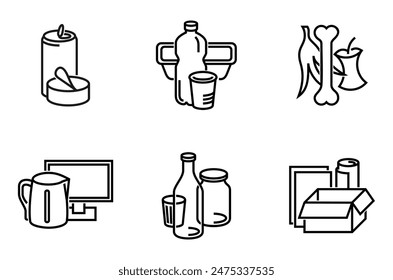 Waste sorting, separation square icons set in bold line - dumpster marking stickers with different garbage types - glass, plastic, metal, paper, organic and electronic waste