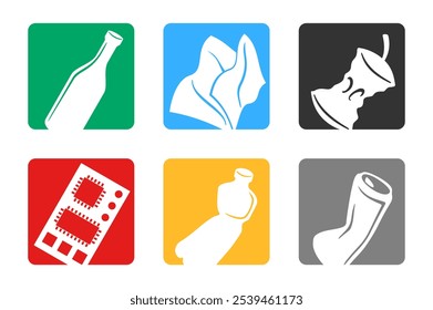 Clasificación de residuos, conjunto de iconos cuadrados de separación - pegatinas de contenedor de basura con 6 tipos de basura diferentes - vidrio, plástico, metal, papel, residuos orgánicos y electrónicos - colección de Vector