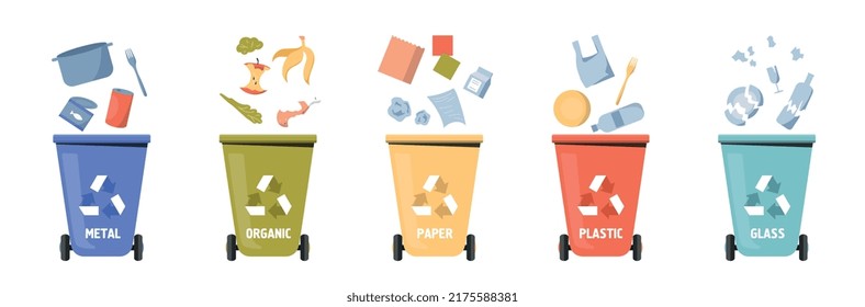 Waste sorting set. Collection of colorful containers for organic, metal, plastic, paper and glass. Caring for nature and environment. Cartoon flat vector illustrations isolated on white background