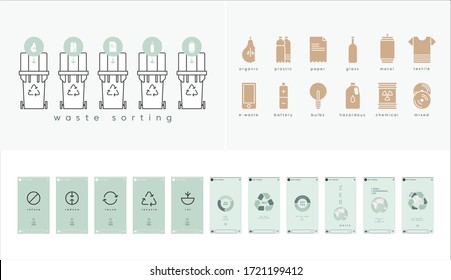 Waste sorting set. Garbage types. Organic, paper, metal, hazardous, textile, glass, plastic trash icons. Waste segregation on garbage cans. Reduce reuse recycle rot refuse. Vector illustration.