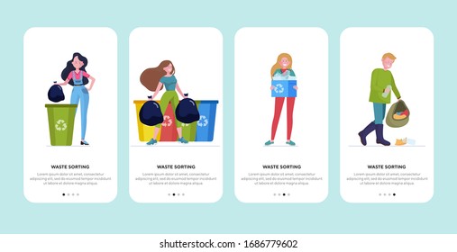 Conjunto de clasificación de residuos. Gente llevando bolsas con basura a diferentes papeleras de basura. Limpieza, reciclaje, concepto de ecología para banner, diseño de sitios web o página web de destino