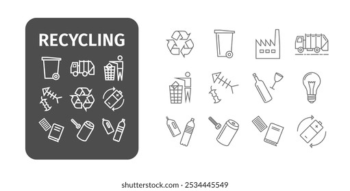 Waste sorting set. Recycling vector line icons infographics. Garbage Truck