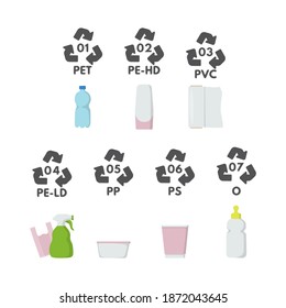Waste sorting set vector illustration. 01, 02, 03, 04, 05 06 07 plastic type