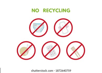 Waste sorting set vector illustration. No recycling trash, nylon, diapers, pad, tampon, tablets, glue wet wipes sticks