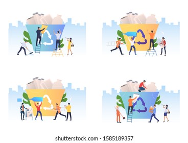 Waste sorting set. Volunteers carrying garbage to trash bins. Flat vector illustrations. Nature care, recycling concept for banner, website design or landing web page