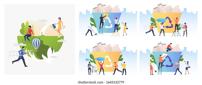 Waste sorting set. Volunteers carrying garbage to trash bins. Flat vector illustrations. Nature care, recycling concept for banner, website design or landing web page