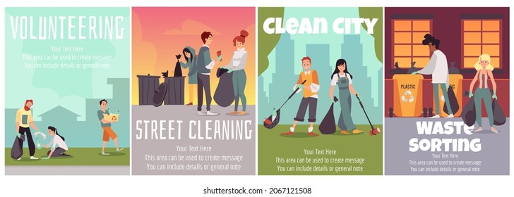 Waste sorting and street cleaning banners or cards collection for volunteering organisation events, flat vector illustration. Environment conservation and clean planet.