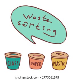 Waste sorting text on white isolated backdrop. Trash recycle logo for vegan shop or online store logo, social banner, eco blog, flyer. Phone case or cloth print. Doodle style stock vector illustration