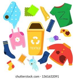 Waste sorting. Textile garbage. Clothes, toys, fabric and other trash icons.