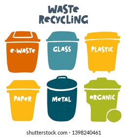 Waste sorting. Trash basket. Hand drawn vector illustration. Organic, Metal, Plastic, Paper, Glass, E-waste. Garbage recycling. Ecology and recycle concept. 