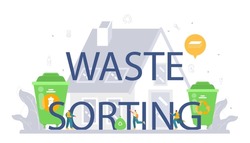 Waste Sorting Typographic Header. Janitor Worker Cleaning Street. Idea Of Garbage Reuse. Sorting Paper And Plastic Rubbish. Flat Vector Illustration