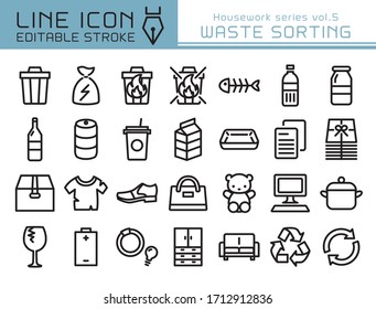 Waste sorting vector icon set. Editable line stroke.