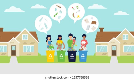 Waste sorting vector illustration with people on the street segregate the garbage in bins. Zero waste life style. 