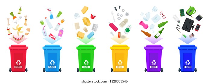 Waste sorting vector. Set of trash bins with sorted garbage. Various kinds of trash: organic, plastic, paper, metal, glass, e-waste. Colorful trash cans.