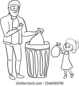 Waste sorting vector. Set of trash bins with sorted garbage. Various kinds of trash. (Coloring Book for Kids)