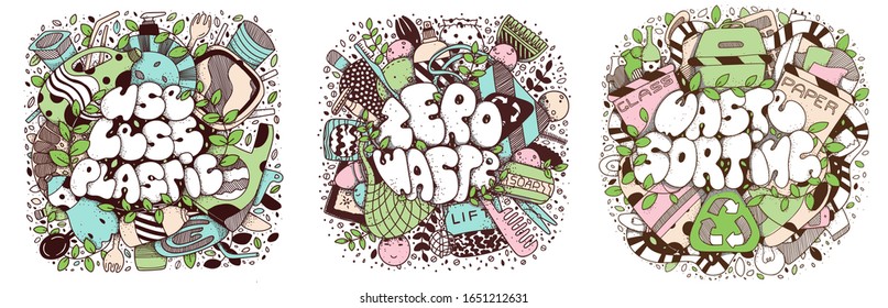 Waste sorting, Zero waste, Use less plastic doodle style vector lettering illustration