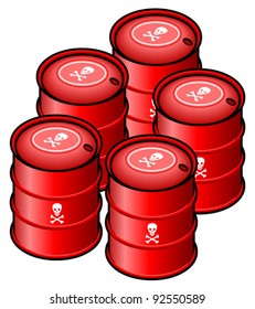 Waste storage drums - red; marked with skull and crossbones symbol.