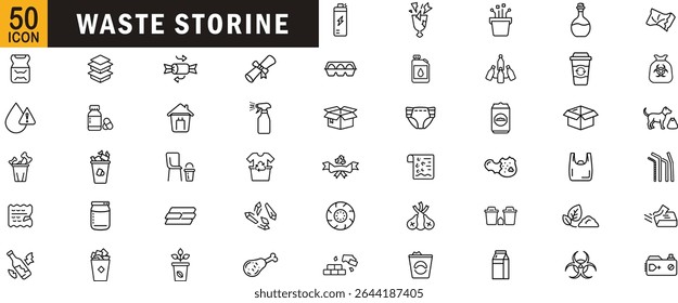 Waste Storage editable outline icon set. Garbage containment hazardous disposal packaging recycling plastic and biodegradable bins.

