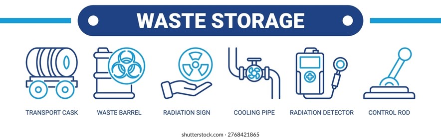 Waste Storage web banner icon vector illustration concept with icons of transport cask, waste barrel, radiation sign, cooling pipe, radiation detector, and control rod.