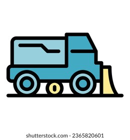 Vector de contorno de icono de barrido de desechos. Camión de carretera. Color plano de la máquina más limpia