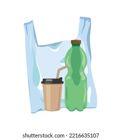 Waste that takes long to decompose - a plastic bag, a disposable cup and a plastic bottle