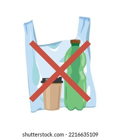 Waste that takes long to decompose (a plastic bag, a disposable cup and a plastic bottle) crossed by red cross