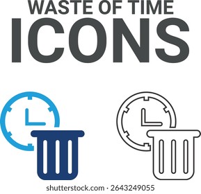 Waste of time icons, Line art icons, Timer, alarm, schedule, hourglass, clock icons. Solid icon collection.