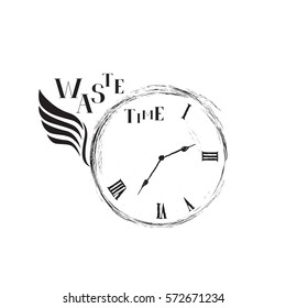 Waste time sign concept. Doodle retro watch dial with wing, damaged numbers