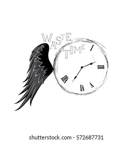 Waste time sign concept with wing. Doodle retro watch dial with damaged numbers. Lose time stylish emblem