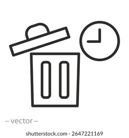 waste time, trash bin with clock icon, recycle time, hour cleaning, basket waste, recycling, cleaning hour, thin line symbol on white background - editable stroke vector eps10