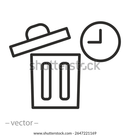 waste time, trash bin with clock icon, recycle time, hour cleaning, basket waste, recycling, cleaning hour, thin line symbol on white background - editable stroke vector eps10