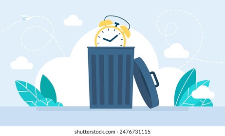 Zeitverschwendung. Mülleimer und Uhr, Containerbehälter für Müll. Zeit für die Entsorgung des verdorbenen Produkts.  Ablaufdatum ist abgelaufen Symbol. Uhr, Mülleimer. Vektorillustration