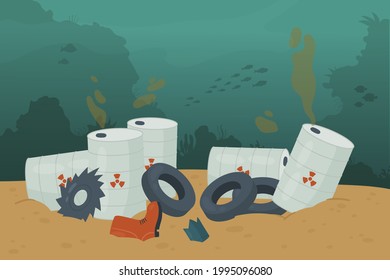 Waste trash pollution in ocean sea water and bottom vector illustration. Cartoon polluted dirty underwater scenery with pile of garbage car tire, poisonous barrel oil tanker, swimming fish background