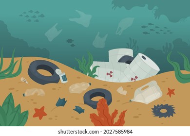 Waste trash pollution in ocean sea water and bottom vector illustration. Cartoon polluted dirty underwater scenery with pile of garbage car tire, poisonous barrel oil tanker, swimming fish background