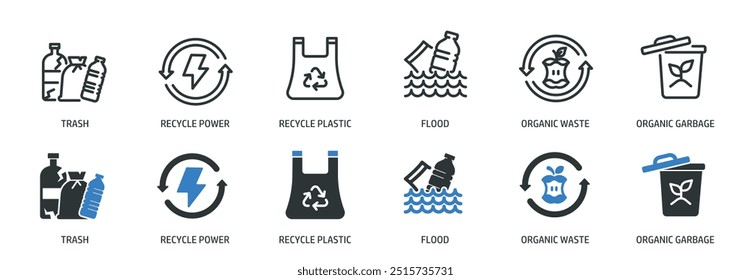 Waste, trash, recycle line and glyph solid icons collection. Minimal icon and symbol series vector illustration