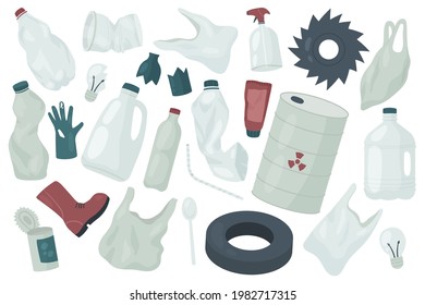 Waste trash rubbish, environment ecology pollution vector illustration set. Cartoon garbage collection with plastic glove package bag, glass bottle, car rubber tire and tin can isolated on white