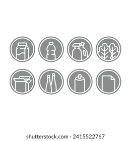 Waste type, plastic and paper garbage vector label set. Green waste and metal icons and labels. Editable white stroke.