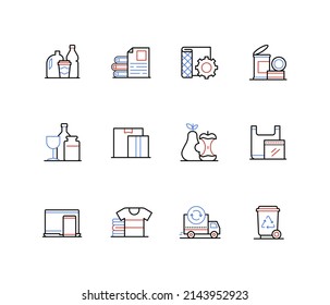 Waste types and sorting - line design style icons with editable stroke. Plastic bottles and bags, waste paper, recyclable metal products, glass, food, household appliances, trash can, care for nature