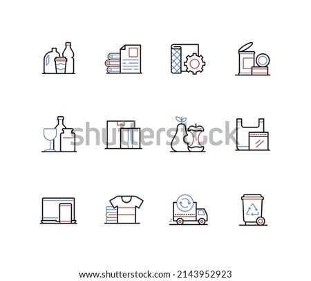 Waste types and sorting - line design style icons with editable stroke. Plastic bottles and bags, waste paper, recyclable metal products, glass, food, household appliances, trash can, care for nature