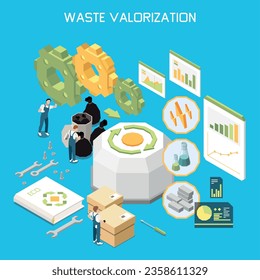 Waste valorization isometric background with circular economy ecological packaging green technologies signs vector illustration