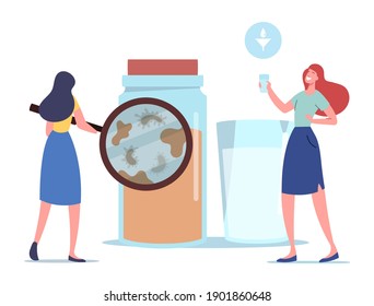 Waste, Water Filtering. Tiny Female Character Looking on Micro Organisms Living in Dirty Water through Huge Magnifying Glass. Woman Demonstrate Microbes in Unfiltered Aqua. Cartoon Vector Illustration