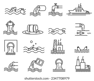 Waste water and sewage line icon set. Pollution line icon. Water treatment icon set. Editable stroke.