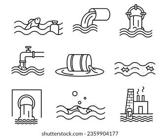 Waste water and sewage line icon set. Pollution line icon. Water treatment icon set. Editable stroke.