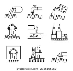 Juego de iconos de la línea de aguas residuales y aguas residuales. Icono de línea de contaminación. Conjunto de iconos de tratamiento de agua. Trazo editable.